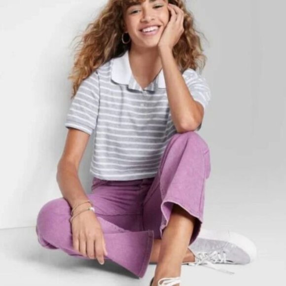 Womens Short Sleeve Boxy Cropped Polo T Shirt Wild Fable Gray Striped L - Picture 4 of 8